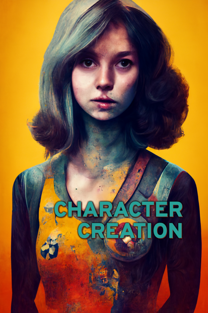 A portrait of a young woman, captioned "Character Creation," and example of AI and creativity when two different AIs are used to generate a more believable image.